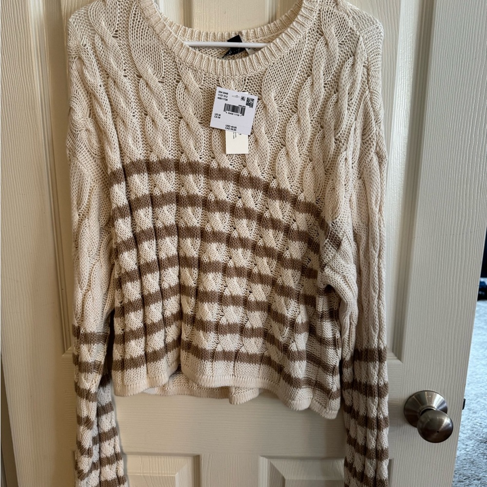 Striped Cable Knit Sweater - Cream and Brown